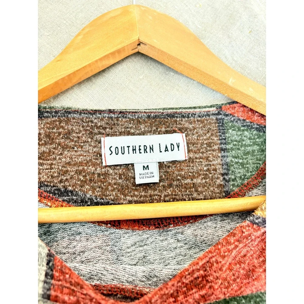 Southern Lady Womens Geometric Print‎ 3/4 Sleeve Shift Dress Rust Green M